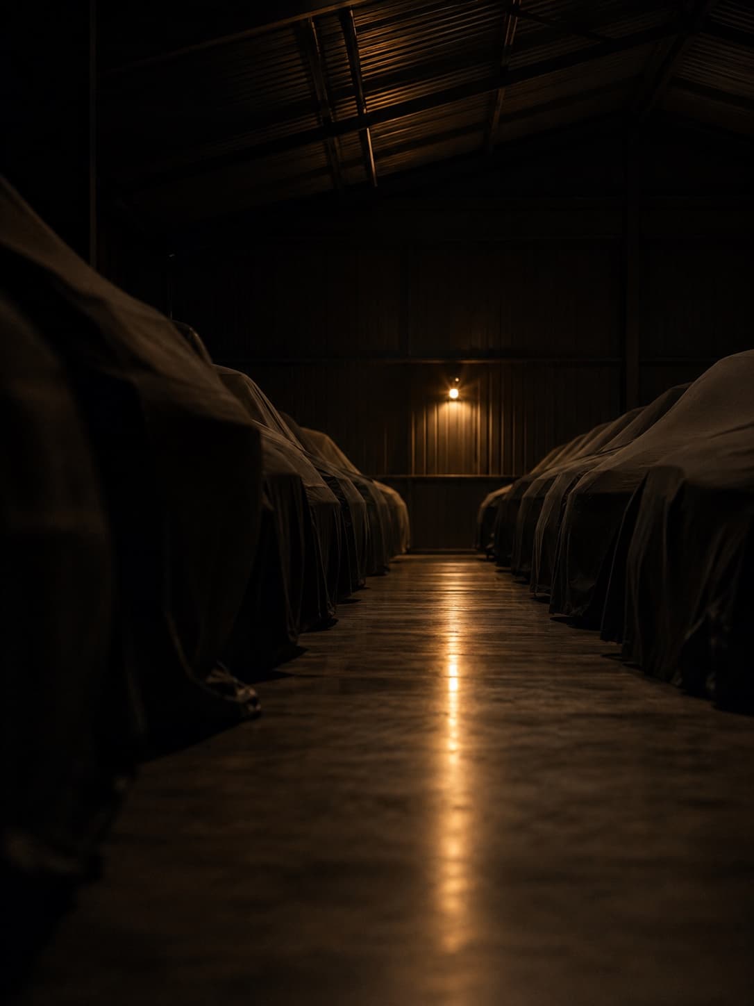 Cars under covers in a dimly lit barn